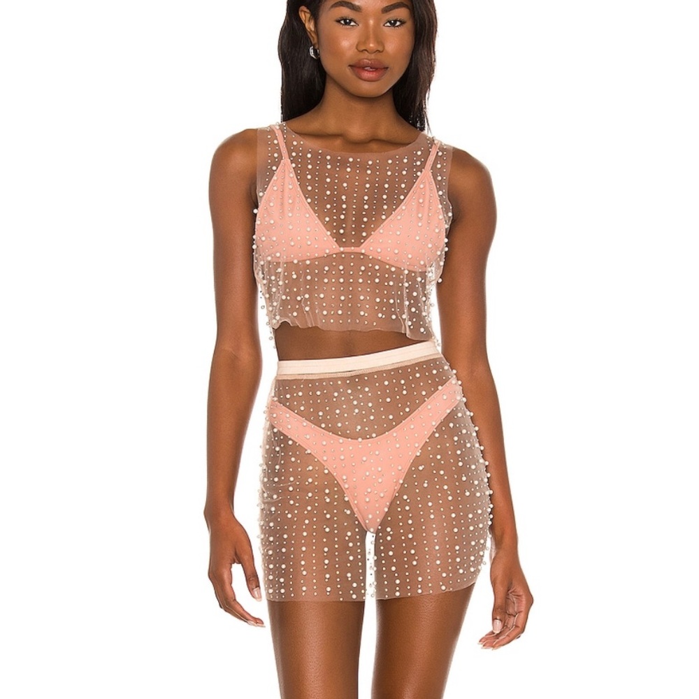 Beach Bunny Glitzy Girl Mesh Pearl Top and Skirt Set Size Small.